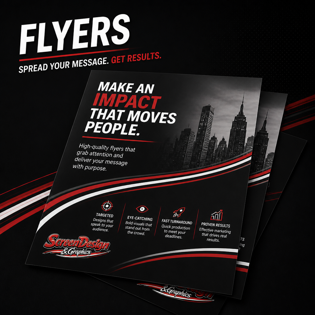 A flyer advertising high-quality flyers for marketing, featuring a city skyline in black and white, with prominent text in white and red, and sections highlighting features like targeted design, eye-catching visuals, fast turnaround, and proven results.