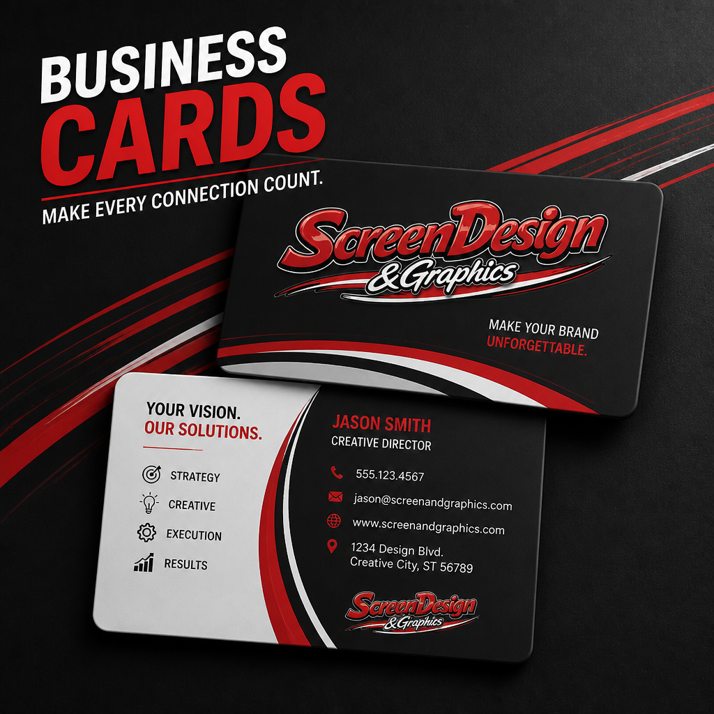 A set of professional business cards and promotional graphics for ScreenDesign & Graphics, featuring a black and red color scheme with white accents, highlighting branding services like strategy, creative, execution, and results.