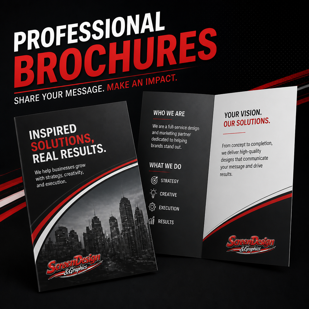 Brochure displaying business marketing, creative services, and design solutions with city skyline and bold text.