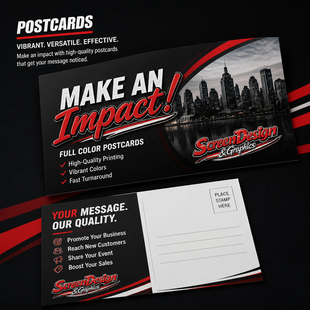 Black marketing flyer advertising postcards with a city skyline image, featuring bold red and white text promoting making an impact with high-quality, vibrant postcards to boost business, with a blank space for mailing addresses.
