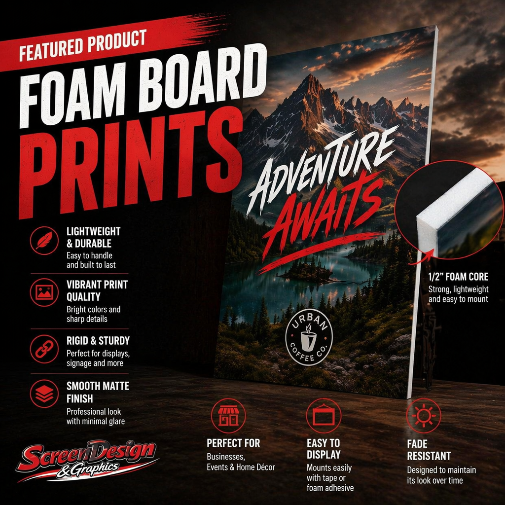 Packaging box for foam board prints featuring a mountain landscape. Highlights include details about the foam core's lightweight durability, vibrant print quality, rigidity, smooth matte finish, and suitability for businesses and home décor. Includes a close-up image of a 1/2 inch foam core with arrows pointing to its lightweight and easy-to-mount features.