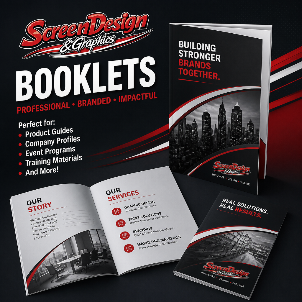 Promotional display for ScreenDesign & Graphics booklets featuring a black cover with a city skyline, red and white accents, and the tagline 'Building stronger brands together.' An open booklet showcases the company's story and services, including graphic design, print solutions, branding, and marketing materials. A smaller closed booklet emphasizes real solutions and results.