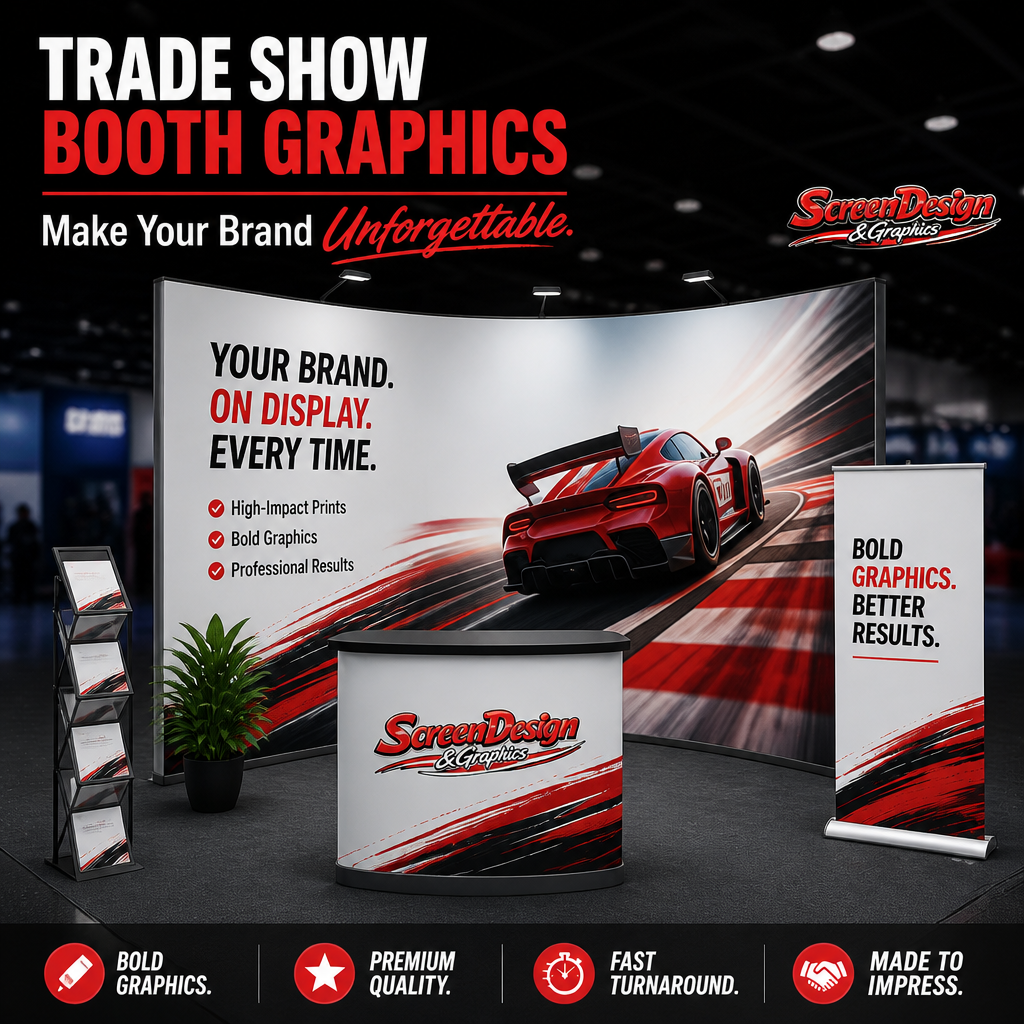 Trade show booth display for screen design and graphics, featuring a large curved graphic wall with a red sports car and promotional text, a small counter with the company logo, a banner with graphics and results, a rack with brochures, and a potted plant, all set in an exhibition hall.