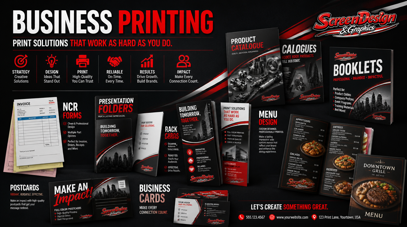 A digital infographic showing various print solutions offered by ScreenDesign & Graphics for business printing, including product catalogs, brochures, folders, NCR forms, postcards, business cards, menus, and menu design, highlighting their quality, reliability, and impact.