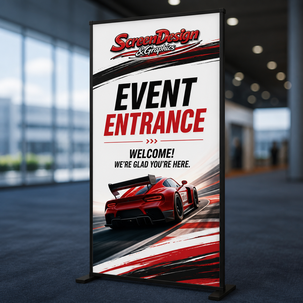 Vertical event entrance sign with company logo, a red race car, and welcome message inside a modern building.
