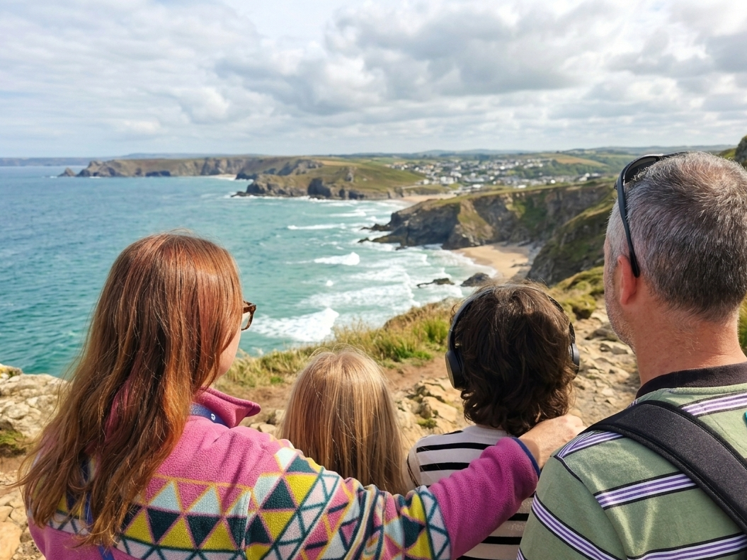 Four people, two adults and two children, standing on a rocky cliff overlooking the ocean with waves and a distant shoreline, enjoying the scenery on a cloudy day.