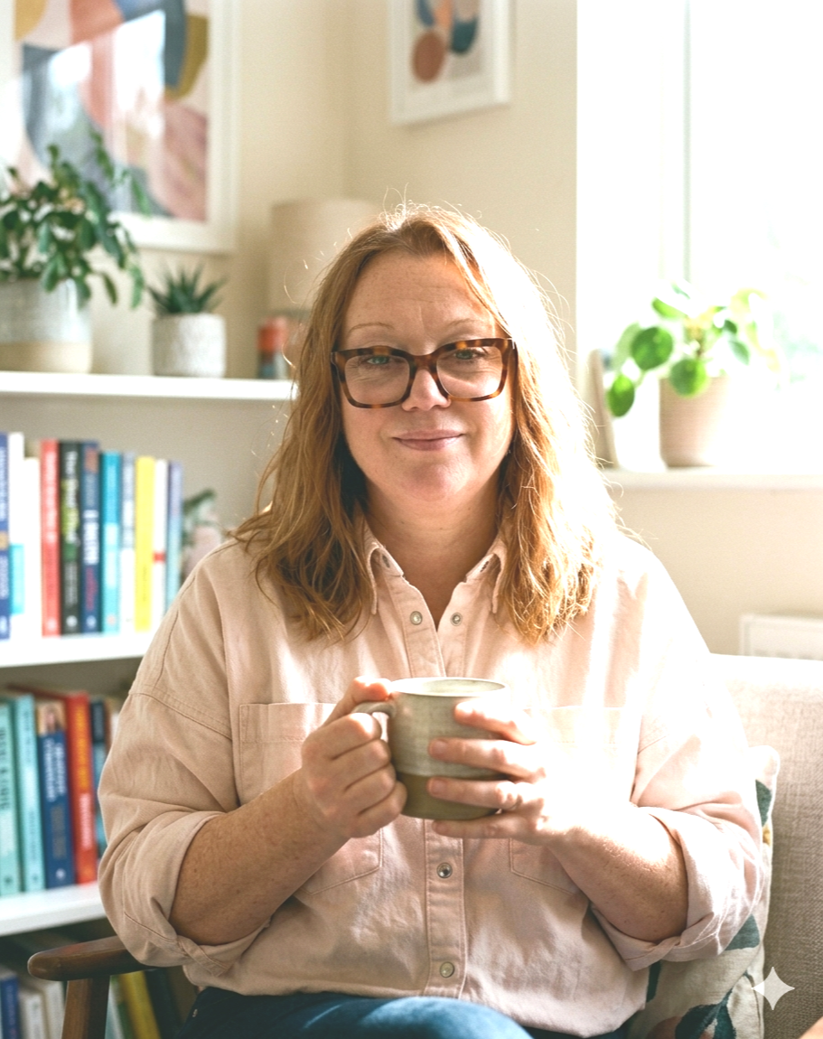 A woman with curly red hair, glasses, and a light pink button-up shirt sitting in a well-lit room, holding a mug. Background includes a bookshelf with colorful books, houseplants, and framed artwork.