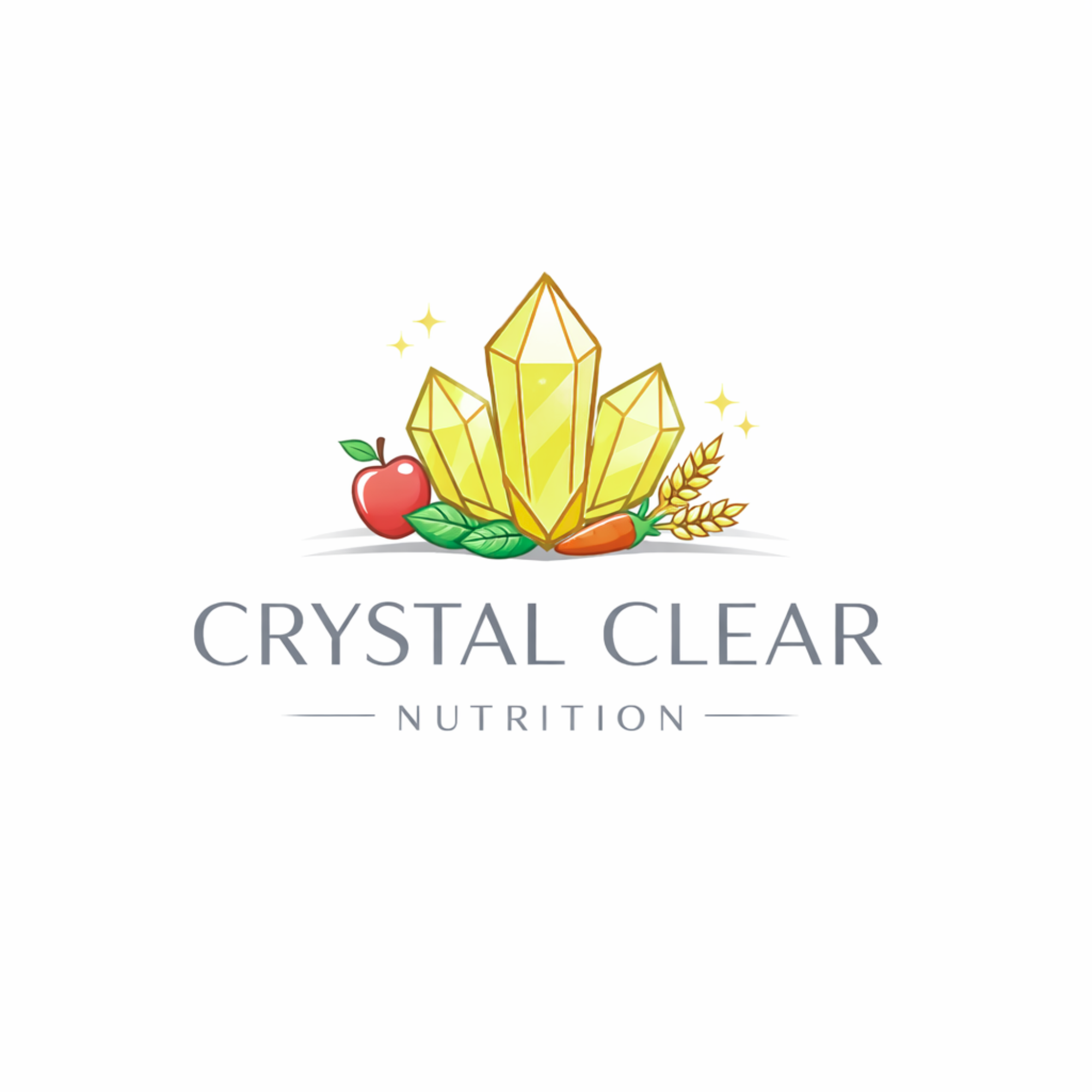 Logo for a company named Crystal Clear Nutrition featuring a cluster of yellow crystals, green leaves, a red apple, wheat, and a carrot.
