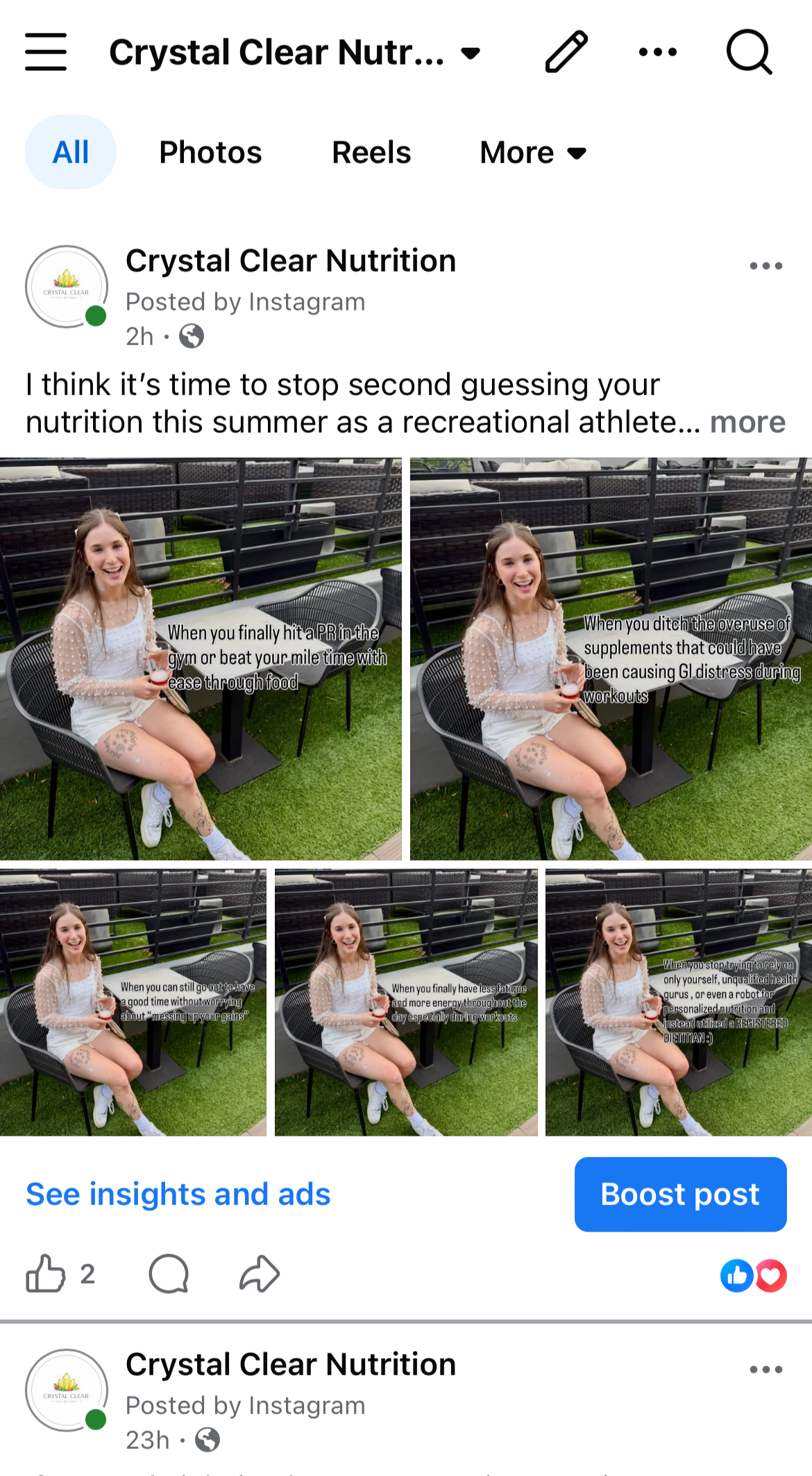 A woman sitting outside on a patio chair, smiling and holding a glass of drink, with multiple overlay text quotes about fitness and nutrition.