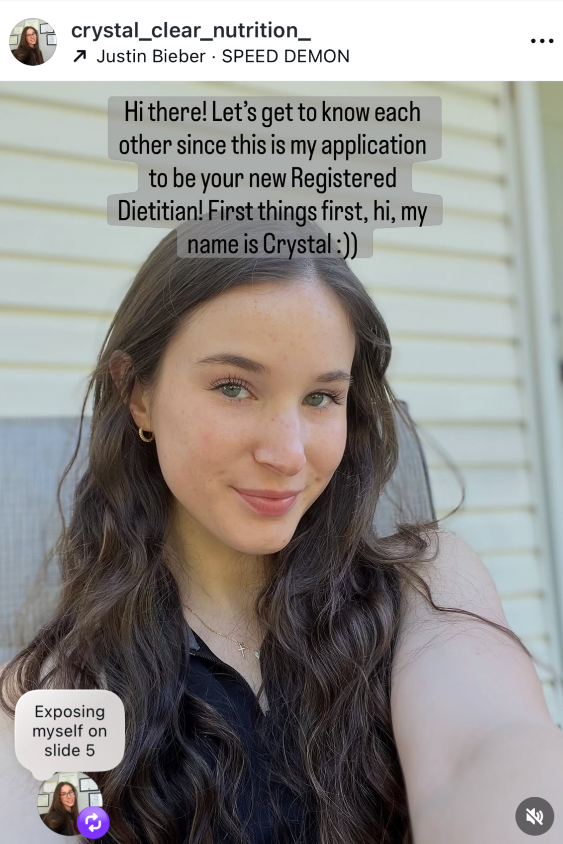 A young woman with long wavy brown hair and light skin smiling outdoors with a light-colored house in the background. She is wearing earrings and a necklace. There is a text overlay that introduces her as Crystal, a Registered Dietitian, and a message about getting to know each other.
