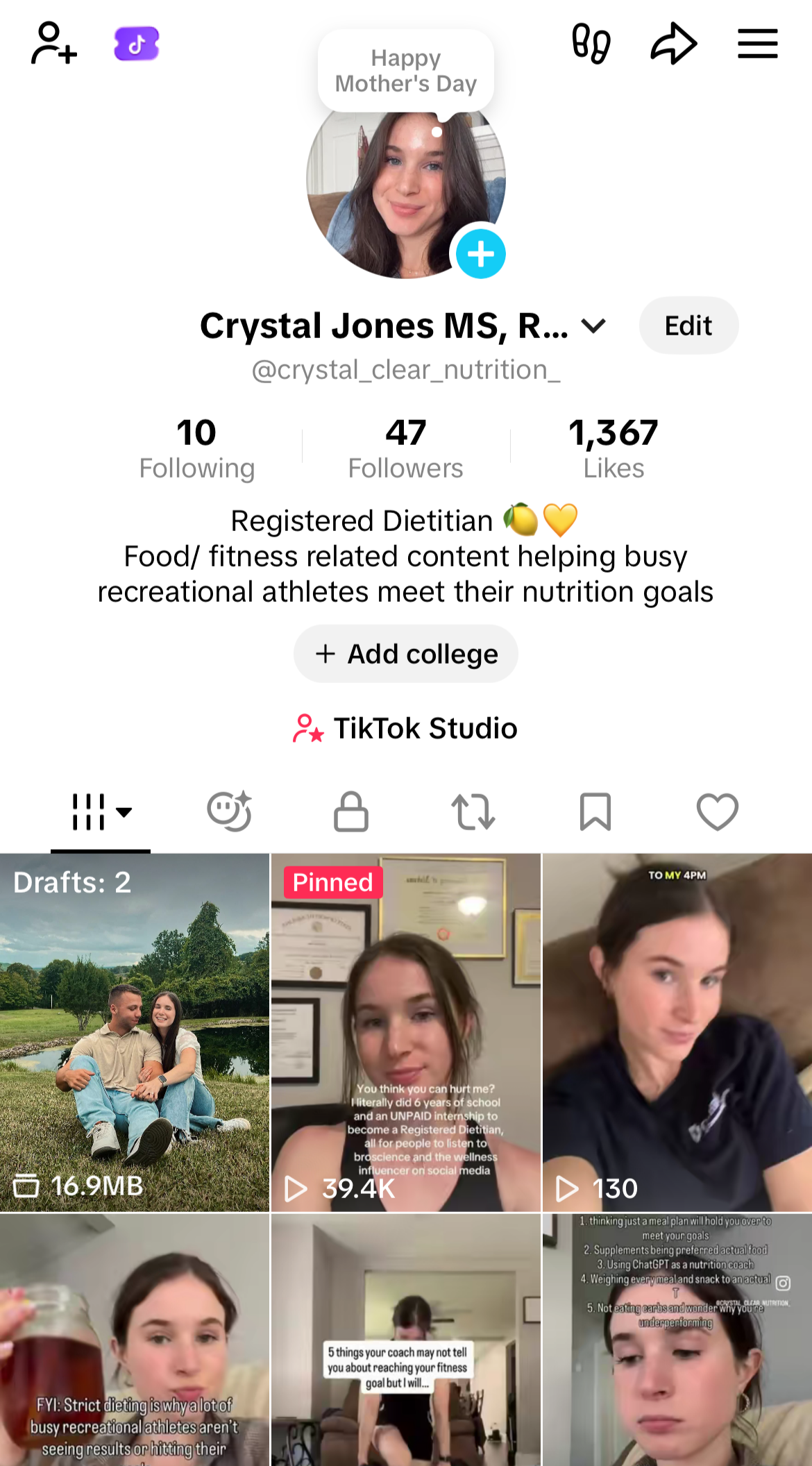 Screenshot of a TikTok profile page for Crystal Jones, a registered dietitian, with a profile picture of a woman with long brown hair smiling, text with her credentials, follower count, and bio about nutrition and fitness content, surrounded by thumbnails of various videos related to health, fitness, and social media.