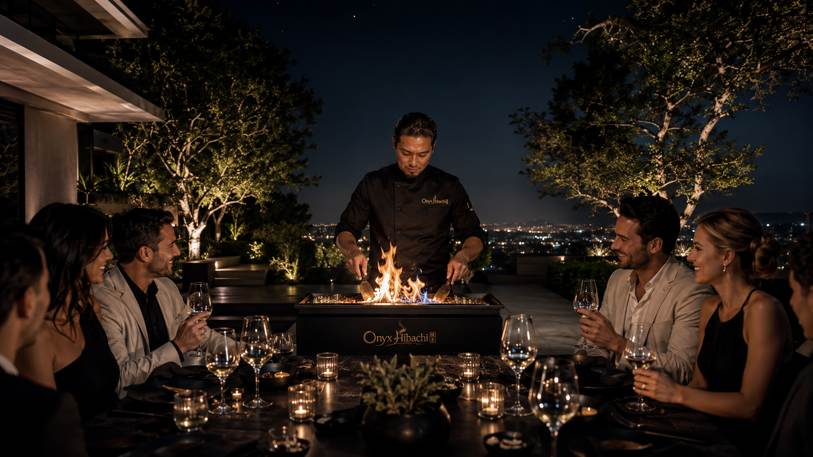 Onyx Hibachi private chef preparing a premium teppanyaki dinner for guests at an elegant outdoor backyard party in Philadephia PA.