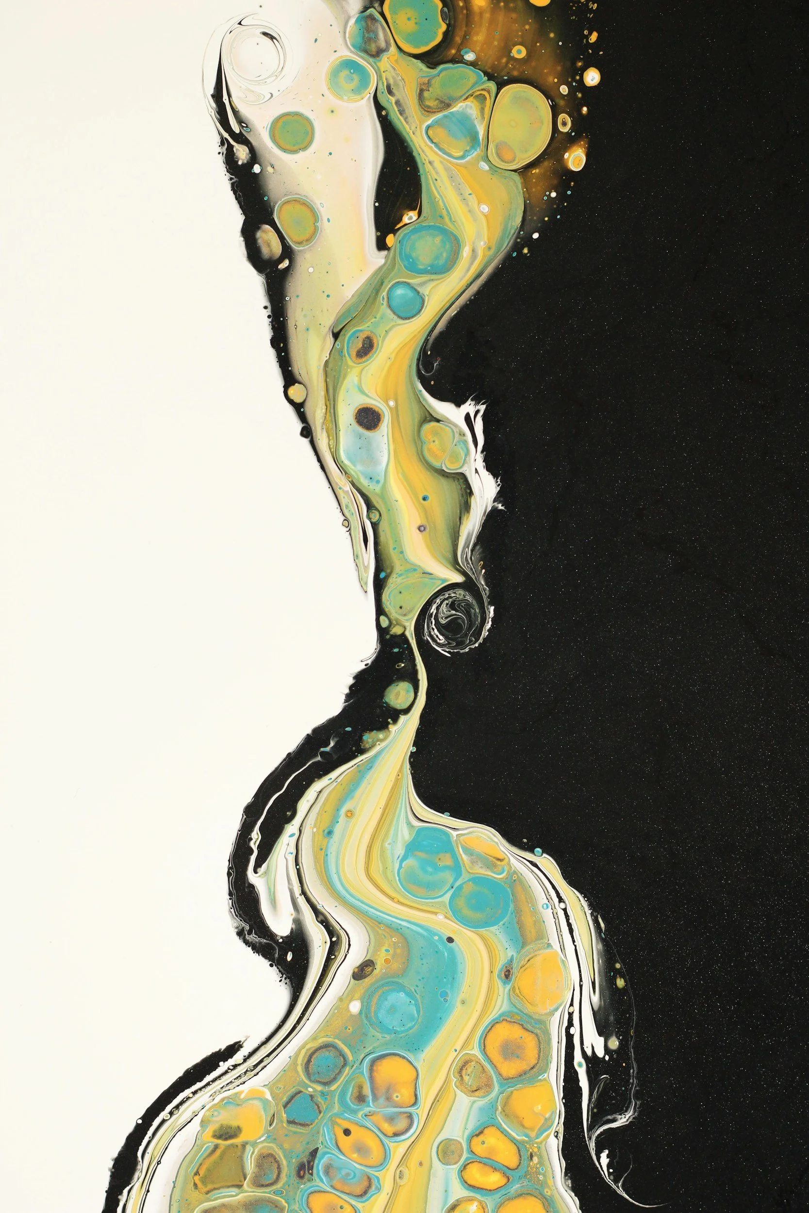 Abstract fluid art painting with black, white, yellow, blue, and green colors flowing together in swirling patterns