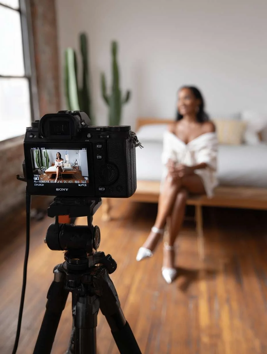 A professional camera on a tripod is capturing a woman sitting on a bed in a bright room with hardwood floors, large windows, and a tall cactus in the background.