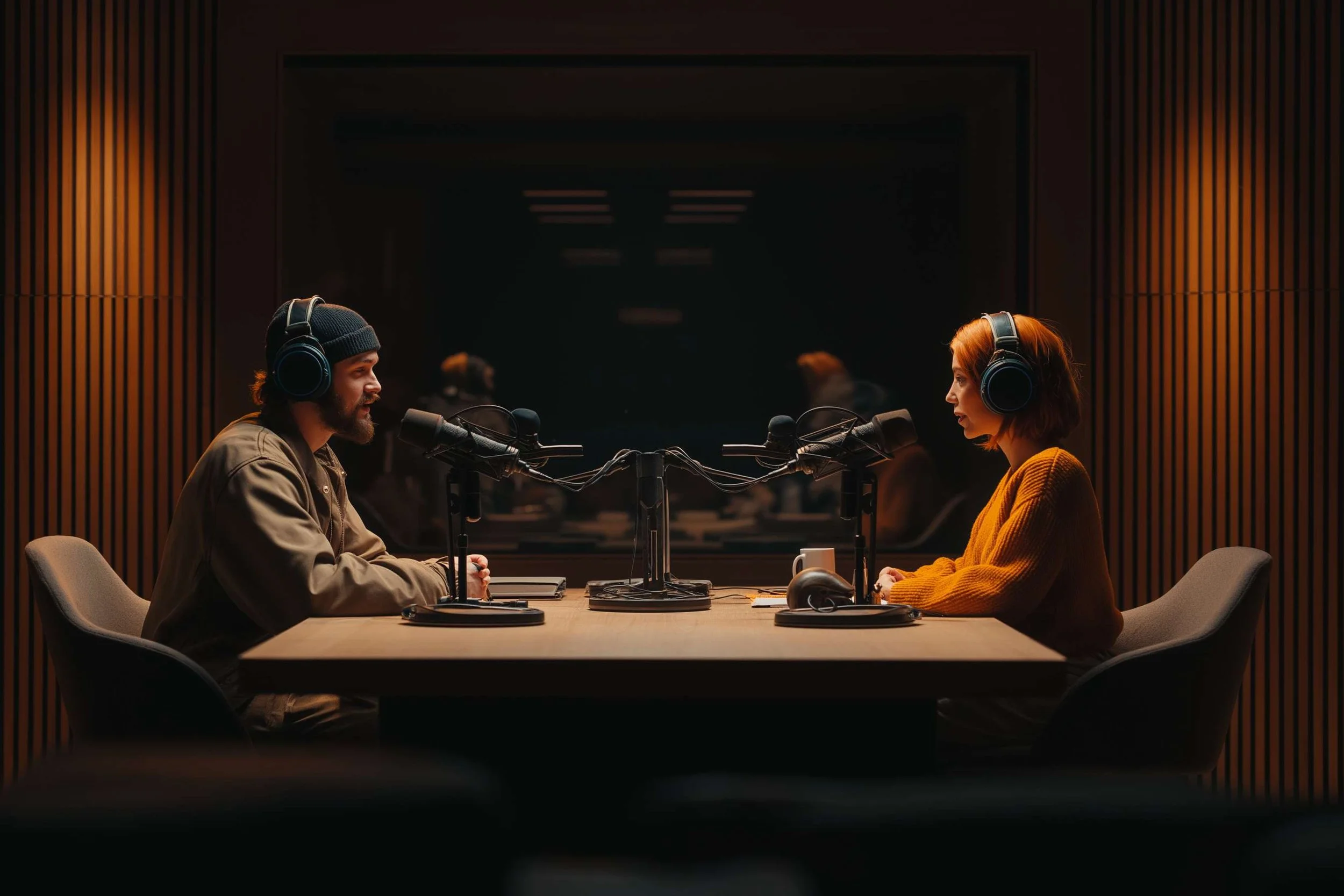 Two people, a man and a woman, sit across from each other at a table in a recording studio or radio station. They are both wearing headphones and speaking into microphones. The room has wooden paneling on the walls, and there are other people and equipment visible in the background.