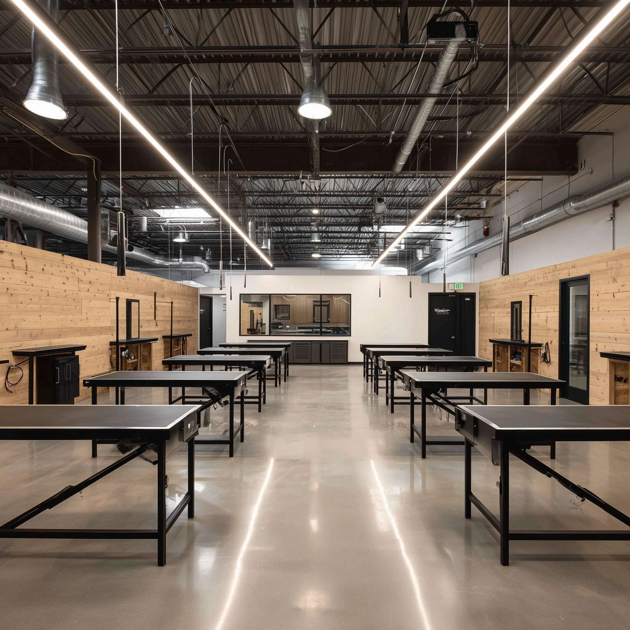 Interior of a modern gym or fitness studio with black workout tables arranged in rows, wood-paneled walls, and an industrial ceiling with exposed ductwork and large hanging lights.