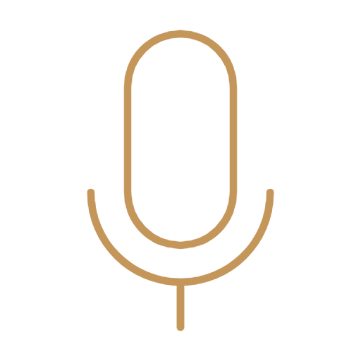 Icon of a microphone with a black background and gold outline.