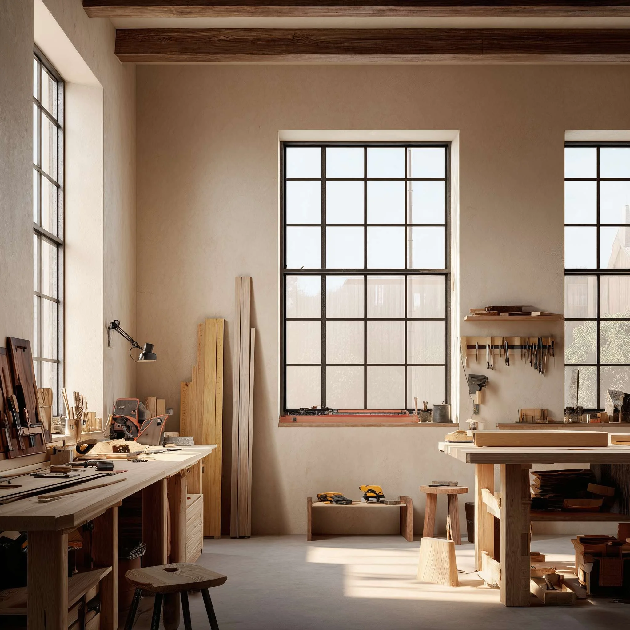 Interior of a woodworking workshop with large windows, wooden workbenches, shelves with wood planks, and power tools.
