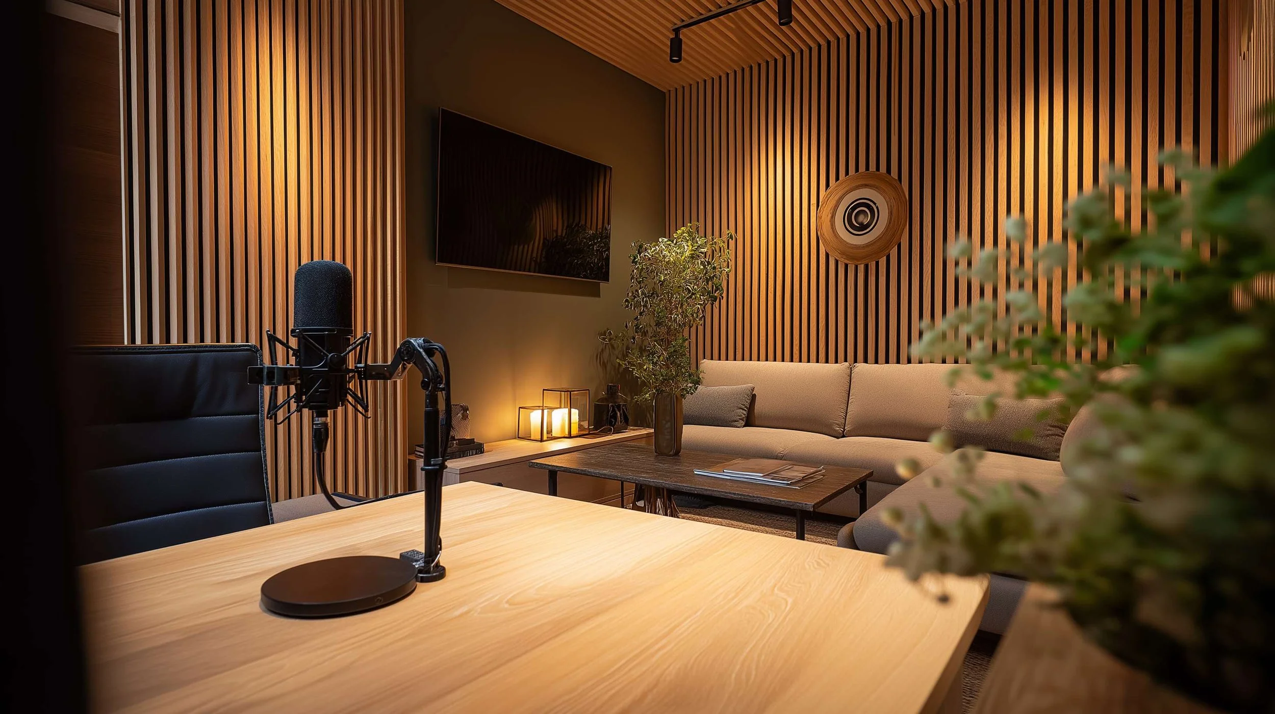 Recording studio with a large microphone on a stand, a TV mounted on a wooden slat wall, a beige sofa, potted plant, framed candles, and a coffee table with a magazine.