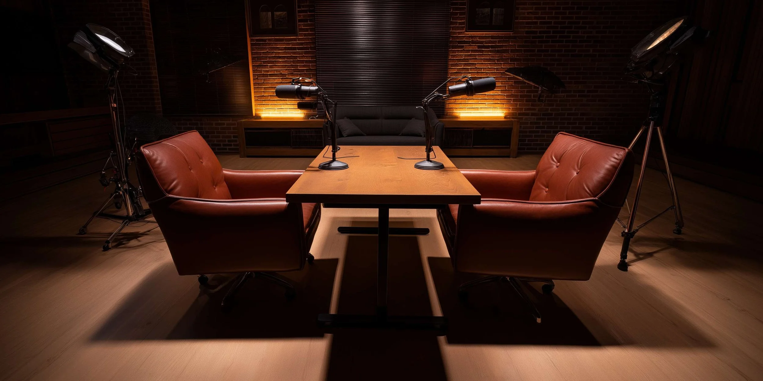 A podcast recording setup with two leather armchairs facing each other, a wooden table with two microphones, surrounded by studio lighting, set against a brick wall with framed pictures.
