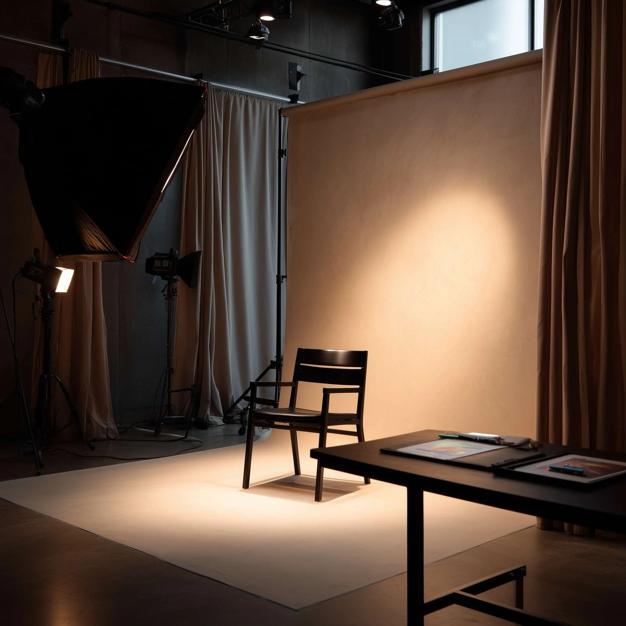 Photography studio with a beige backdrop, with separate tables holding books and notebooks, studio lighting equipment, and a black chair, illuminated by large windows and overhead lights.