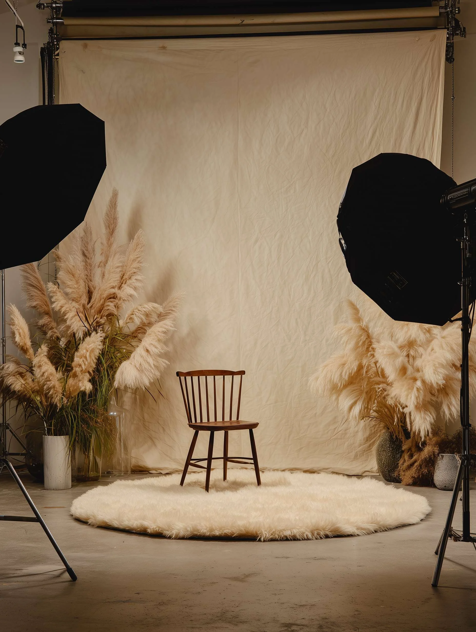 Photography studio setup with a beige backdrop, two studio lights with black umbrellas, a wooden chair on a white fluffy rug, and tall vases with pampas grass and dried flowers.