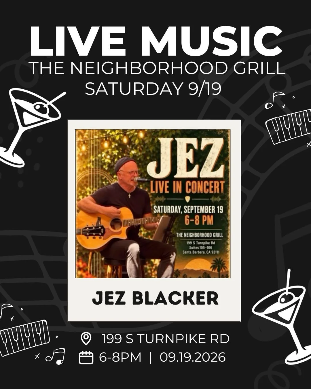 Lots going on this weekend at the grill!
 
SATURDAY: 🎵Live Music with Jez Blacker @oddlystraight 6-8PM🎵

SUNDAY: 🏈NFL Games streaming all day🏈 
🍗Wings available allday ( BBQ - SWEET - SPICY)

Breakfast special from 10am-1pm: 

Items: 🌶️Chilaqui