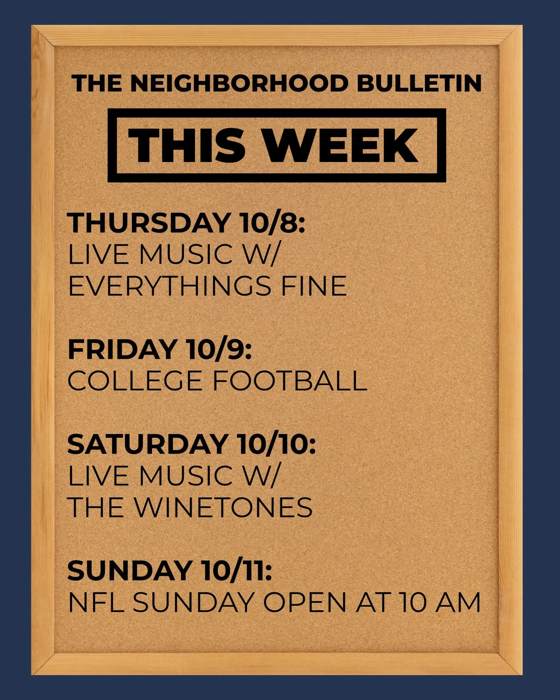 This Week at The Neighborhood Grill! Lots of fun events and sports! 🏈 ⚾️

10/8 Thursday: Live music with @everythingsfinemusic 
10/9 Friday: Sports streaming all day | College Football | MLB | NFL Games 
10/10 Saturday: Live music with @okdguysrock 