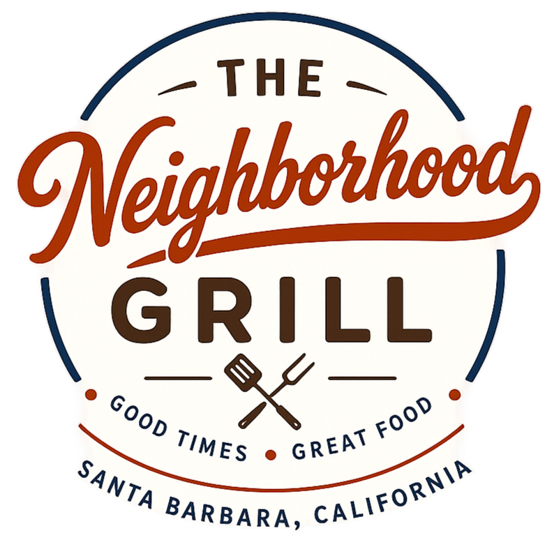 Logo for The Neighborhood Grill featuring a circular design with the restaurant's name, a fork and spatula crossed in the center, and the location Santa Barbara, California.