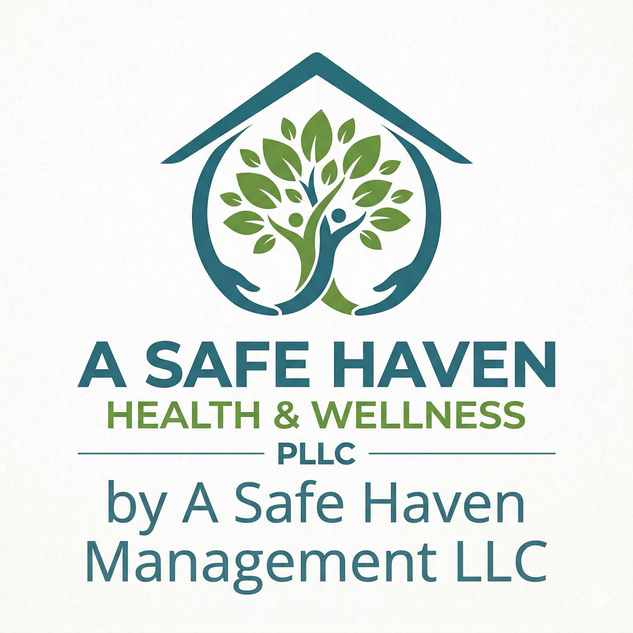 Logo for A Safe Haven Healthcare & Wellness PLLC featuring a house with a tree and two human figures inside.