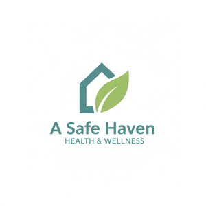 Logo for A Safe Haven Health & Wellness featuring a house outline with a leaf inside.