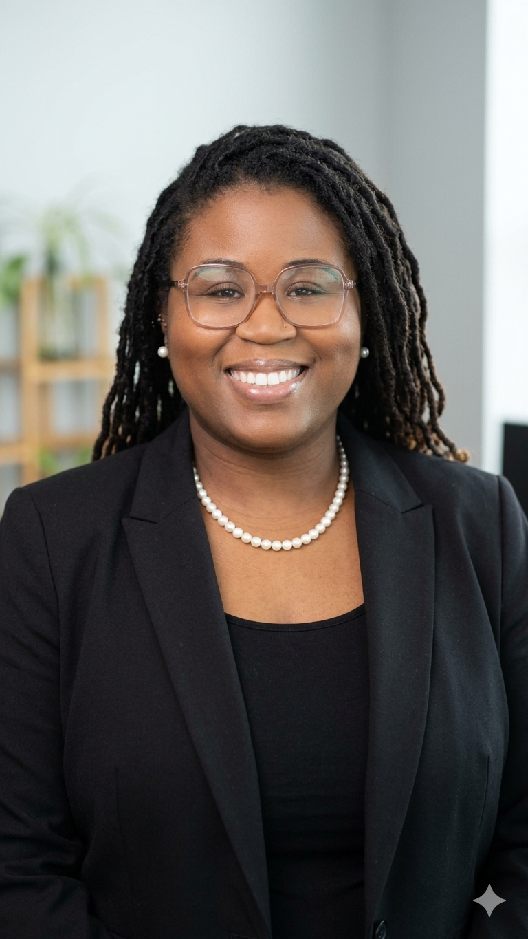 Professional woman with glasses, pearl necklace, and black suit smiling in an office setting.