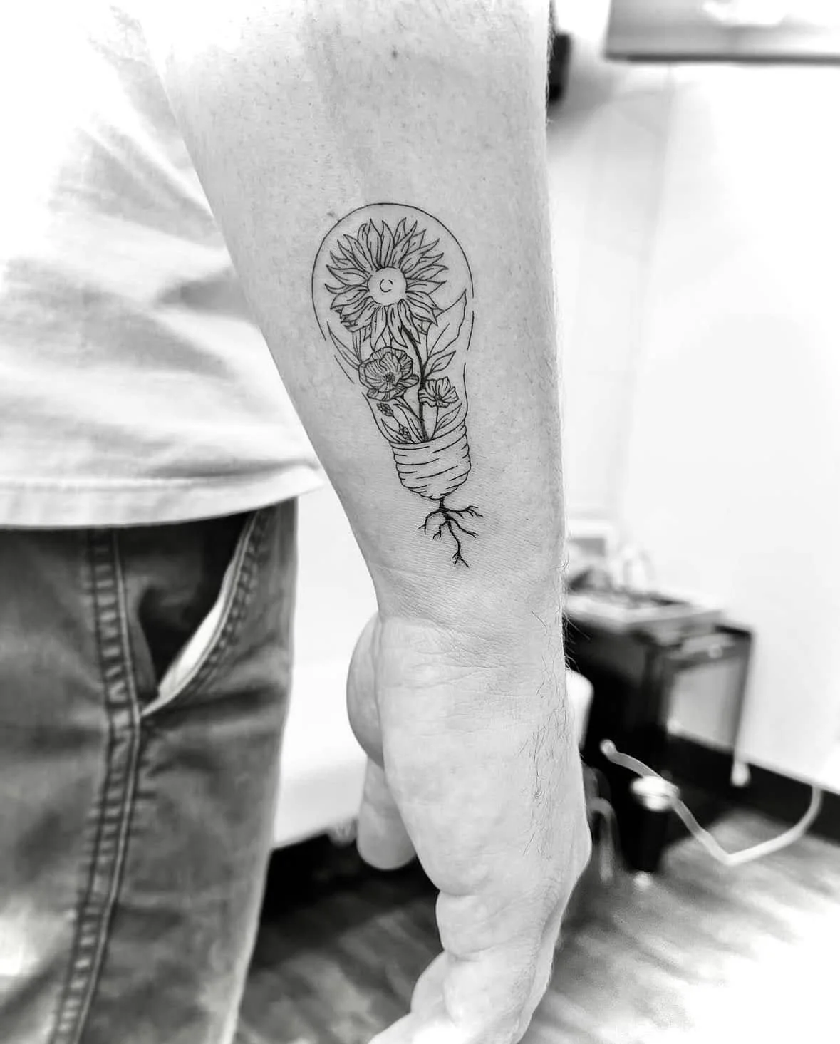 Fine Line Tattoo - floral light bulb tattoo couples tattoos 