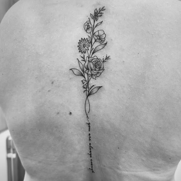 Fine Line Tattoo - floral spine tattoo