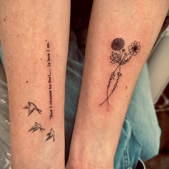 Fine Line Tattoo - birds, text, floral tattoo