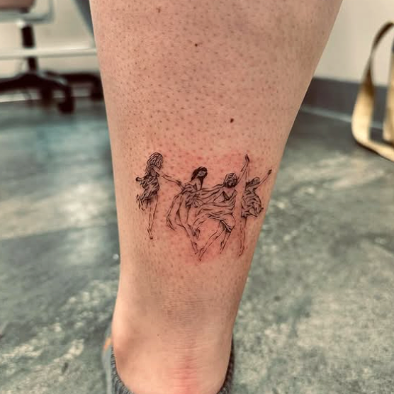 Fine Line Tattoo - witches dancing ankle tattoo