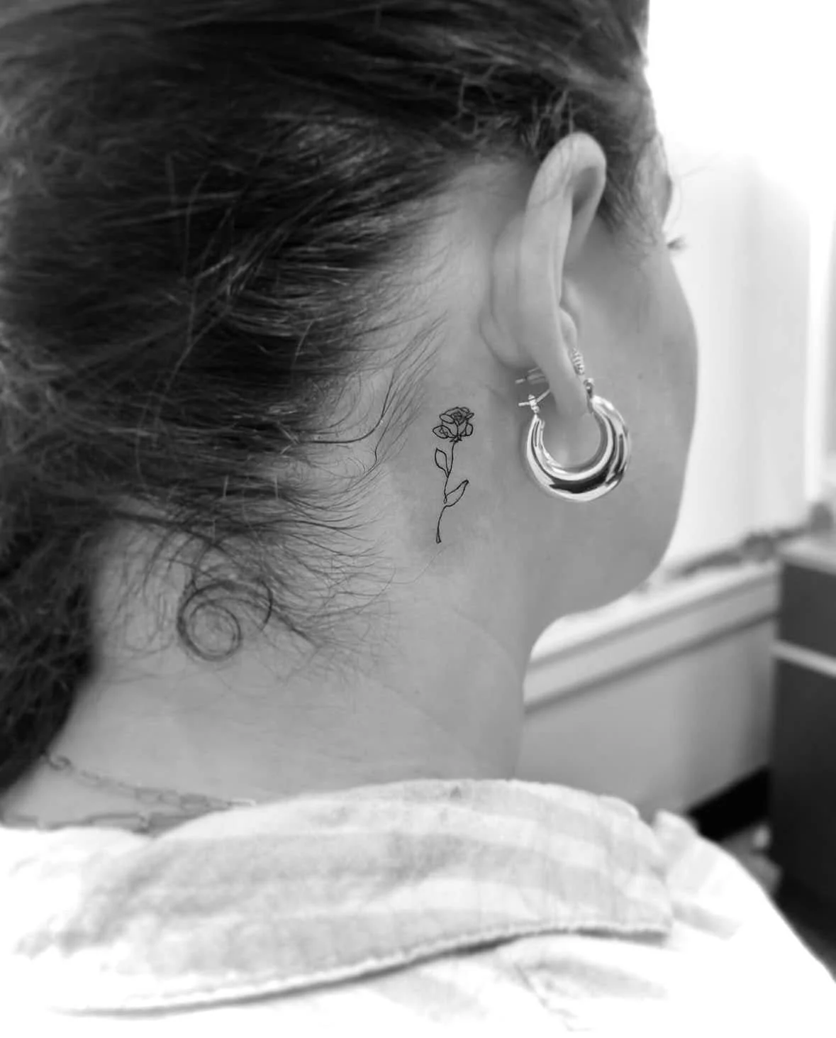 Fine Line Tattoo - single line rose behind ear tattoo