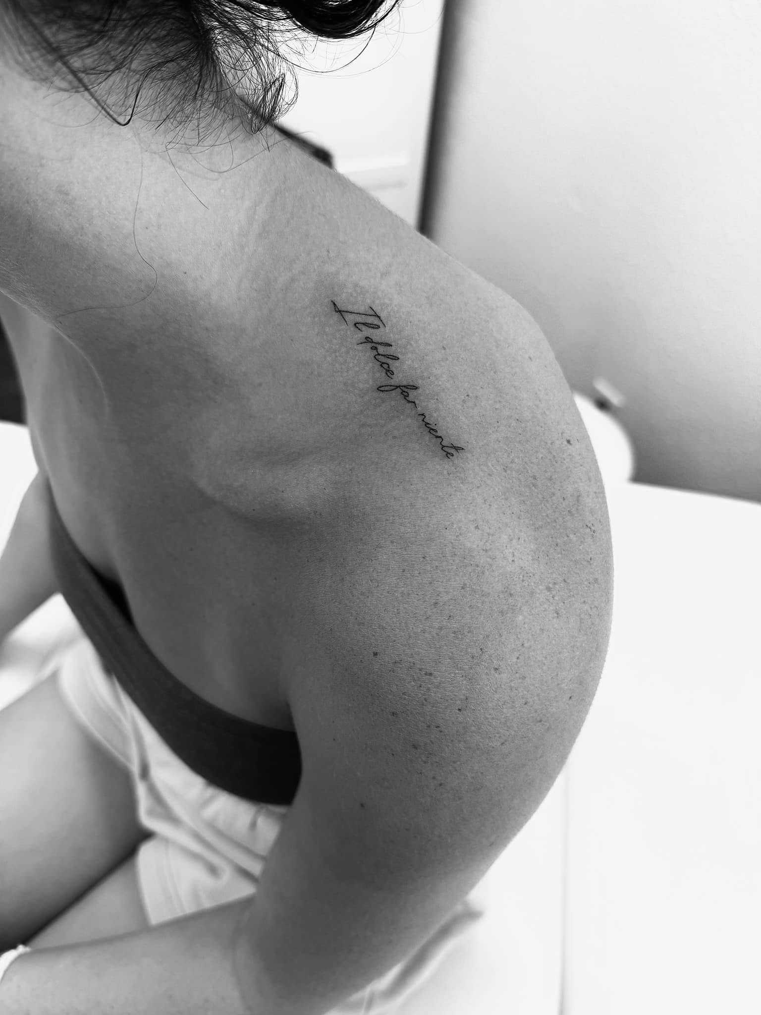 Fine Line Tattoo - script shoulder tattoo