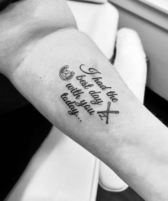 Fine Line Tattoo - text and baseball forearm tattoo