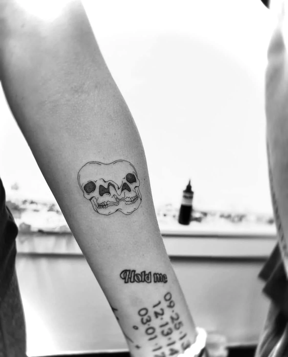 Fine Line Tattoo - cool drippy skulls couples tattoo