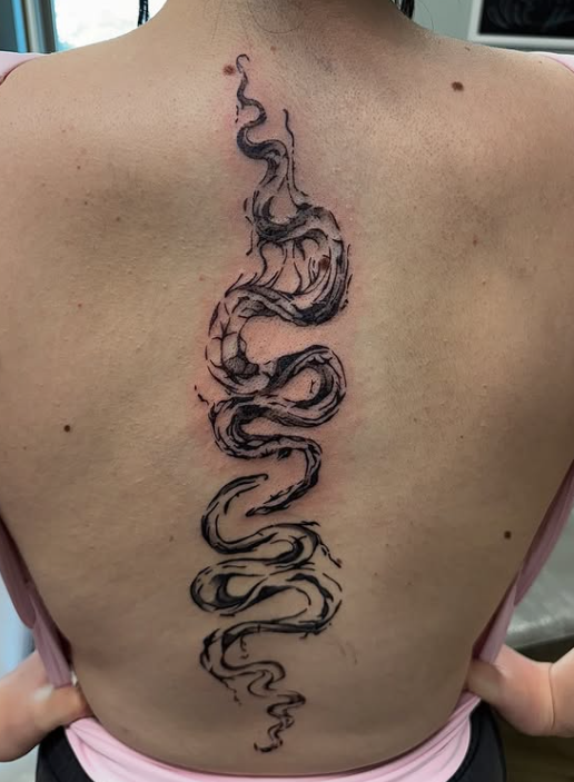Fine Line Tattoo - abstract snakes spine tattoo