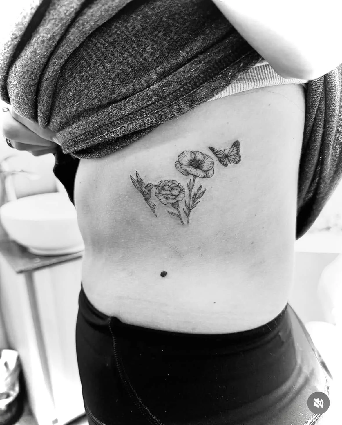 Fine Line Tattoo - floral hummingbird butterfly tattoo