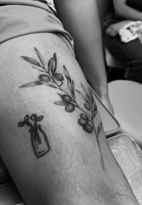 Fine Line Tattoo - olive branch thigh tattoo