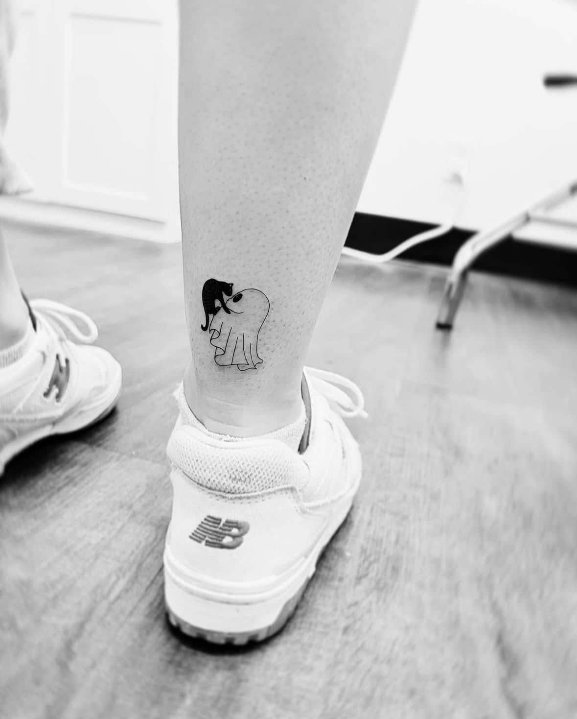 Fine Line Tattoo - halloween ghost black cat tattoo