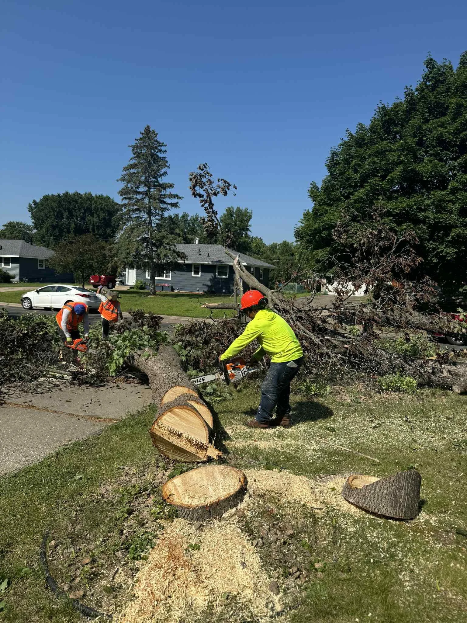 Workers in orange and yellow safety vests and helmets cutting a fallen tree with a chainsaw on a residential street, with wood chips spreading on the grass and sidewalk.