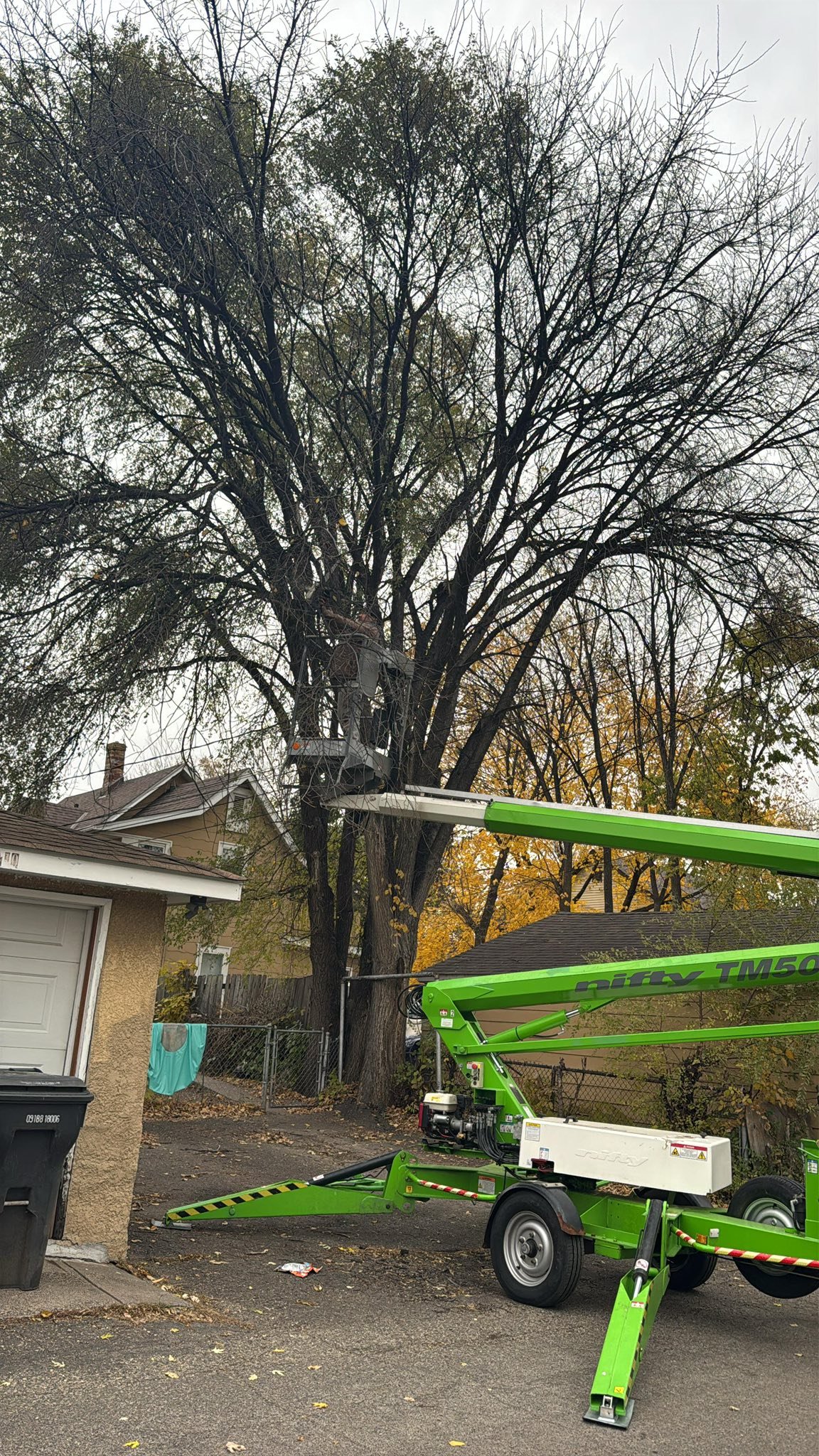A person in a lift bucket trimming a tall tree in a residential backyard. The lift is green and positioned on a paved driveway near a house with a visible garage door. There are trees with autumn leaves and an overcast sky in the background.