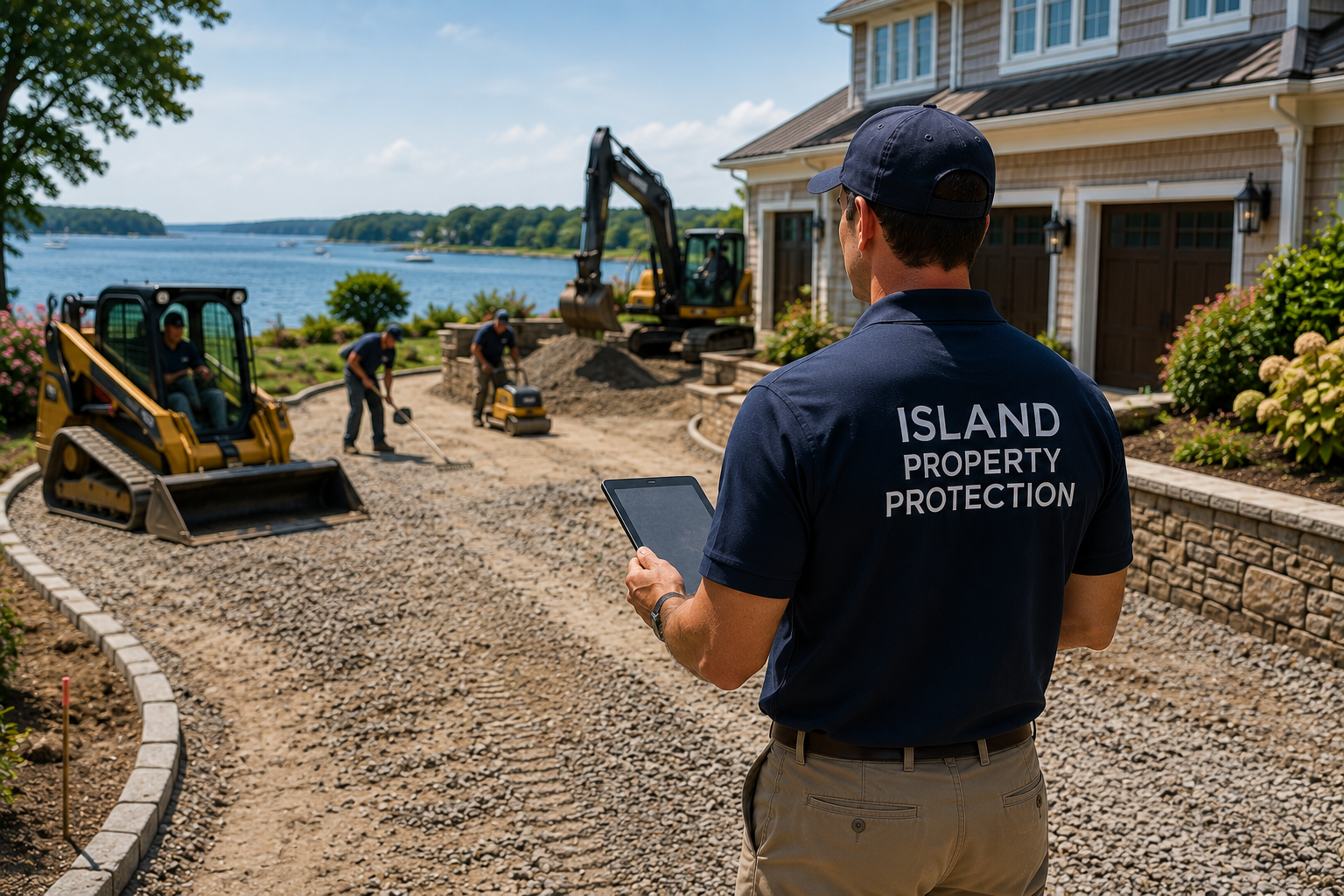 “Island Property Protection representative coordinating exterior property work at a waterfront PEI home”