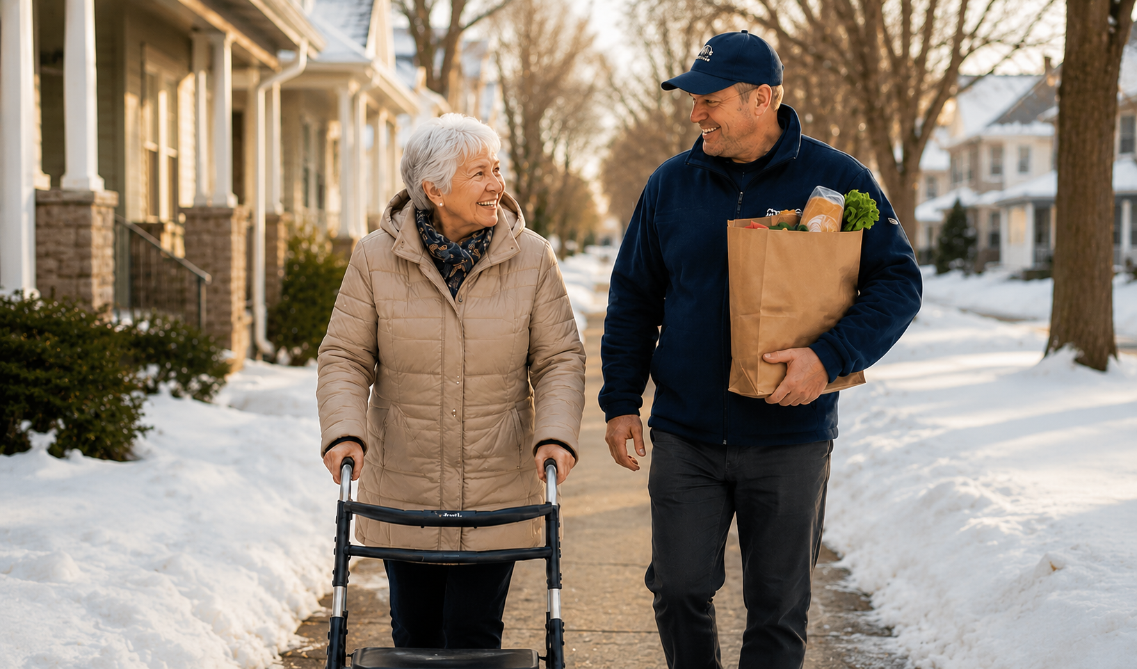 Senior support worker assisting an elderly resident during a home visit in Prince Edward Island