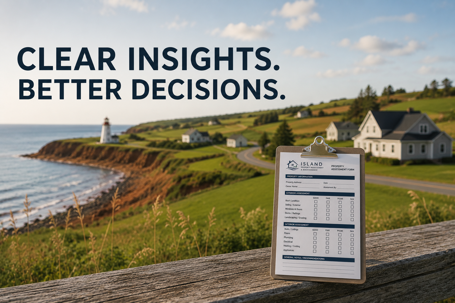 A property assessment form on a clipboard resting on a wooden railing overlooking the ocean and houses on a grassy hillside, with a cloudy sky in the background.