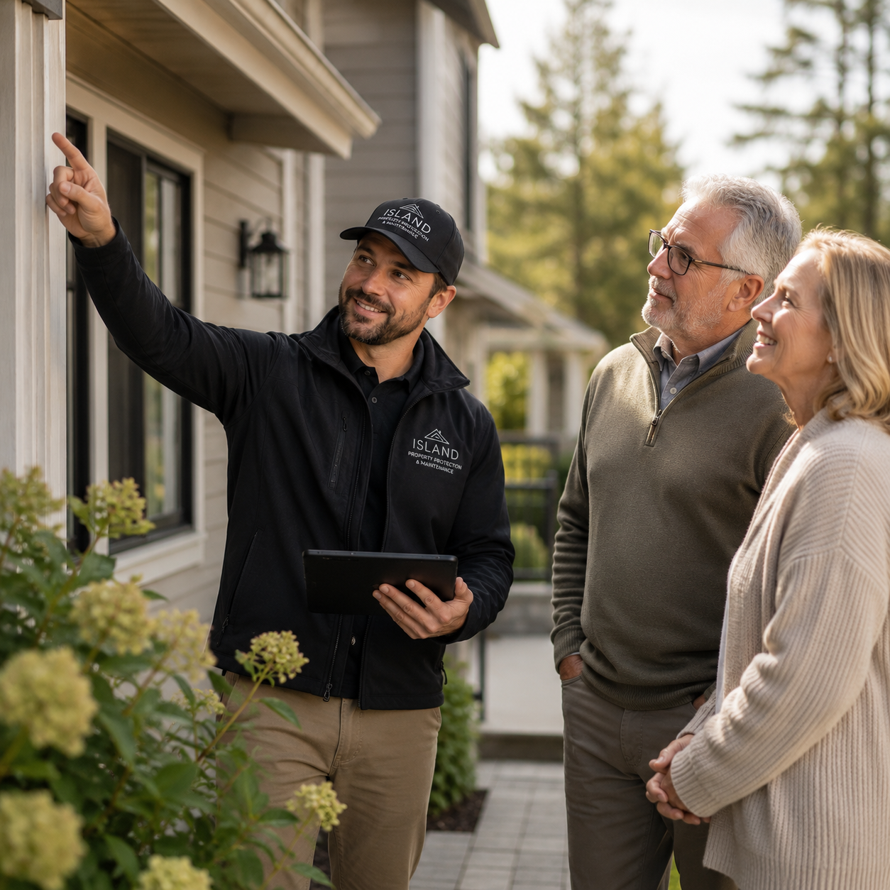 “Local property protection specialist performing exterior walkthrough with PEI homeowners”